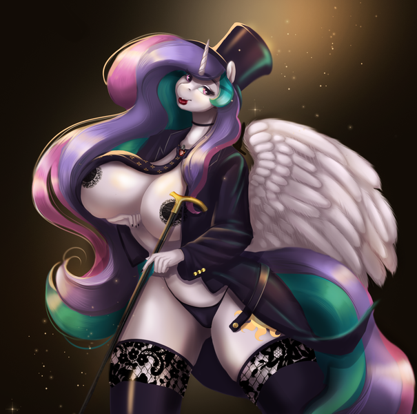 Size: 1746x1732 | Tagged: questionable, artist:mdwines, derpibooru import, princess celestia, alicorn, anthro, big breasts, breasts, busty princess celestia, clothes, fanart, hat, huge breasts, image, jacket, lace, necktie, panties, png, socks, solo, stockings, thigh highs, top hat, tuxedo, underwear