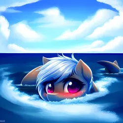 Size: 2048x2048 | Tagged: safe, derpibooru import, editor:ramprover, machine learning generated, purplesmart.ai, stable diffusion, oc, oc:colddry, unofficial characters only, original species, pony, shark, shark pony, barely pony related, bedroom eyes, blushing, cute, derpibooru exclusive, female, hiding, image, looking at you, mare, ocean, png, shark pony oc, smiling, solo, swimming, tail, water