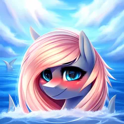 Size: 2048x2048 | Tagged: safe, derpibooru import, editor:ramprover, machine learning generated, purplesmart.ai, stable diffusion, oc, oc:sunken coral, unofficial characters only, original species, pony, shark, shark pony, bedroom eyes, blushing, cute, derpibooru exclusive, female, hiding, image, looking at you, mare, ocean, png, shark pony oc, smiling, solo, swimming, water