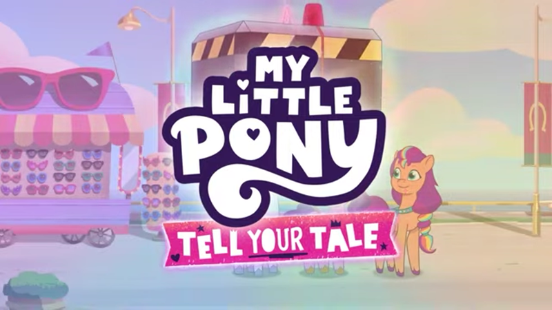 Size: 1366x768 | Tagged: safe, derpibooru import, screencap, hitch trailblazer, izzy moonbow, pipp petals, sunny starscout, zipp storm, earth pony, pegasus, pony, unicorn, my little pony: tell your tale, the unboxing of izzy, spoiler:g5, spoiler:my little pony: tell your tale, spoiler:tyts01e06, g5, image, logo, mane five (g5), png, text