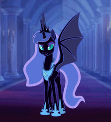 Size: 540x593 | Tagged: safe, artist:anima-dos, artist:duo cartoonist, artist:lionheartcartoon, derpibooru import, nightmare moon, alicorn, bat pony, bat pony alicorn, pony, the moon rises, animated, armor, bat wings, bedroom eyes, castle, crown, cute, ethereal mane, evil laugh, eyeshadow, fangs, female, flapping, gif, grin, horn, image, jewelry, laughing, looking at you, makeup, mare, moonabetes, moonbat, open mouth, raised eyebrow, raised hoof, redesign, regalia, slit pupils, smiling, smirk, smooth as butter, solo, spread wings, unshorn fetlocks, wings