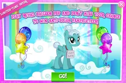 Size: 1962x1298 | Tagged: safe, derpibooru import, idw, official, pegasus, pony, anti-sugar league, balloon, english, female, folded wings, gameloft, idw showified, image, jpeg, mare, rain parade, sign, solo, solo focus, text, wings