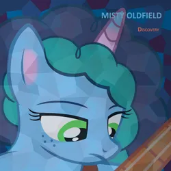 Size: 2000x2000 | Tagged: safe, artist:grapefruit-face, derpibooru import, ponified, crystal pony, pony, unicorn, g5, album cover, base used, derpibooru exclusive, freckles, guitar, image, looking down, mike oldfield, misty brightdawn, musical instrument, png, ponified album cover, solo, the crystal empire 10th anniversary