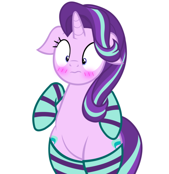 Size: 5044x5208 | Tagged: safe, alternate version, artist:duskyzombie, derpibooru import, starlight glimmer, pony, unicorn, bipedal, blushing, both cutie marks, chubby, clothes, cute, female, floppy ears, frown, glimmerbetes, image, mare, png, raised leg, simple background, socks, solo, striped socks, transparent background, wide hips