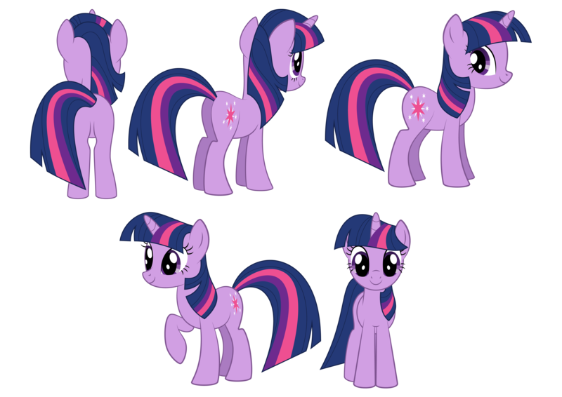 Size: 4961x3508 | Tagged: safe, artist:culu-bluebeaver, derpibooru import, twilight sparkle, pony, unicorn, season 1, butt, digital, female, image, plot, png, reference, reference sheet, simple background, smiling, solo, transparent background, unicorn twilight, vector