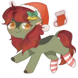 Size: 1080x1080 | Tagged: safe, artist:浙江, derpibooru import, oc, oc:pine pyre, unofficial characters only, kirin, bow, christmas, christmas stocking, clothes, hair bow, hat, holiday, image, jpeg, kirin oc, santa hat, simple background, socks, solo, striped socks, white background