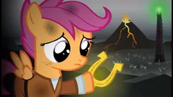 Size: 1280x720 | Tagged: safe, artist:jacob kitts, derpibooru import, scootaloo, ponified, changeling, pegasus, pony, 2012, barad-dûr, crossover, female, filly, foal, horseshoes, image, jpeg, lord of the rings, mount doom, nostalgia, parody, re-enacted by ponies, solo, thumbnail, youtube, youtube link, youtube thumbnail