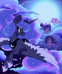 Size: 1740x2048 | Tagged: safe, artist:bunbunbewwii, derpibooru import, princess luna, oc, alicorn, earth pony, pegasus, pony, unicorn, children of the night, cloud, ethereal mane, female, filly, flying, foal, image, jpeg, levitation, magic, moon, night, stars, telekinesis