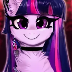 Size: 1024x1024 | Tagged: safe, derpibooru import, editor:xchan, machine learning generated, purplesmart.ai, stable diffusion, twilight sparkle, pony, unicorn, alternate hairstyle, bust, chest fluff, choker, derpibooru exclusive, ear fluff, ear piercing, earring, eyeliner, female, fluffy, image, jewelry, long eyelashes, long hair, looking at you, makeup, piercing, png, portrait, purple eyes, smiling, smiling at you, solo, unicorn twilight