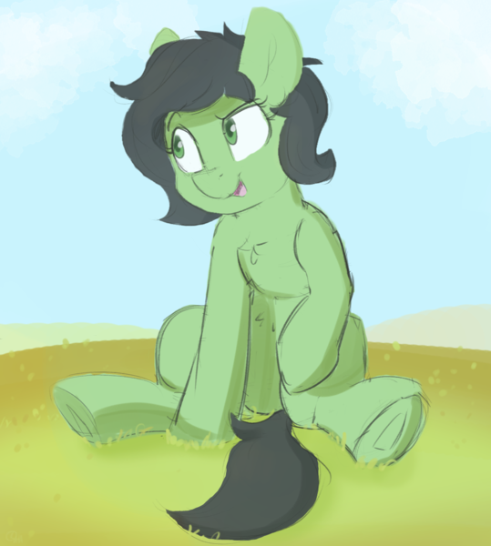 Size: 967x1077 | Tagged: safe, artist:anonymous, oc, oc:anonfilly, unofficial characters only, pony, chest fluff, female, image, misleading thumbnail, outdoors, png, sitting, smug, solo, underhoof