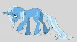 Size: 1462x793 | Tagged: safe, artist:woollyart, derpibooru import, trixie, pony, unicorn, butt, curved horn, female, floppy ears, horn, image, jpeg, looking back, mare, plot, sad, solo, wet, wet mane