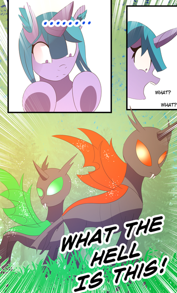 Size: 2480x4100 | Tagged: safe, artist:lucielity, derpibooru import, oc, oc:rumstone, oc:saphire, oc:shift changeling, changeling, pony, unicorn, comic:my crush is a pony?, comic, female, forest, freakout, horn, image, mare, png, tree, unicorn oc