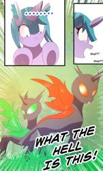 Size: 2480x4100 | Tagged: safe, artist:lucielity, derpibooru import, oc, oc:rumstone, oc:saphire, oc:shift changeling, changeling, pony, unicorn, comic:my crush is a pony?, comic, female, forest, freakout, horn, image, mare, png, tree, unicorn oc