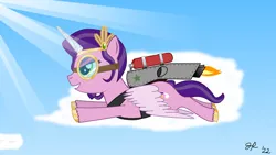 Size: 1192x670 | Tagged: safe, artist:dandylionpony, derpibooru import, pipp petals, alicorn, flying, g5, goggles, image, jetpack, jpeg, pippcorn, sky, sky background