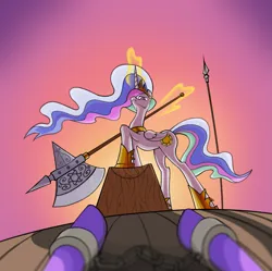 Size: 1981x1973 | Tagged: safe, anonymous artist, derpibooru import, princess celestia, alicorn, pony, axe, chopping block, criminal, crown, execution, female, glow, glowing horn, horn, image, imminent death, imminent decapitation, jewelry, levitation, magic, melee weapon, offscreen character, pike, png, pov, regalia, shackles, telekinesis, unknown pony, weapon