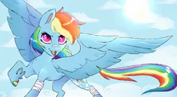 Size: 1950x1080 | Tagged: safe, artist:woollyart, derpibooru import, rainbow dash, pegasus, pony, bandage, bandaid, bandaid on nose, cloud, female, gap teeth, image, jpeg, looking at you, mare, on a cloud, open mouth, open smile, raised hoof, smiling, smiling at you, solo, spread wings, tooth gap, winged hooves, wings