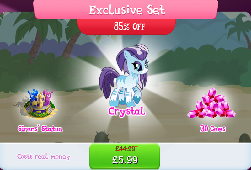 Size: 1261x854 | Tagged: safe, derpibooru import, idw, official, crystal (character), kelpie, bundle, bush, costs real money, english, female, gameloft, gem, idw showified, image, implied adagio dazzle, implied aria blaze, implied sonata dusk, jpeg, numbers, sale, solo, solo focus, statue, text