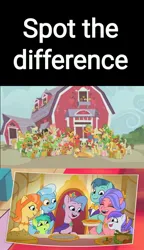 Size: 2160x3745 | Tagged: safe, derpibooru import, edit, edited screencap, screencap, apple bloom, applejack, big macintosh, queen haven, earth pony, pegasus, pony, apple family reunion, my little pony: tell your tale, season 3, spoiler:g5, spoiler:my little pony: tell your tale, spoiler:tyts01e35, apple family member, g4, g5, image, jpeg, panic on harvest & hugs day, spot the difference