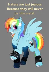Size: 2132x3084 | Tagged: safe, artist:aztrial, derpibooru import, rainbow dash, pegasus, pony, alternate hairstyle, anklet, bracelet, cute, dashabetes, ear piercing, earring, eyeshadow, female, gray background, grin, headband, image, jewelry, makeup, mare, meme, metal, necklace, piercing, png, raised hoof, simple background, smiling, solo, spiked wristband, wristband