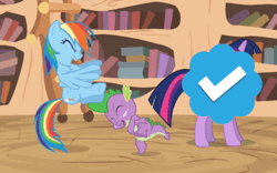Size: 644x402 | Tagged: safe, derpibooru import, edit, edited screencap, screencap, rainbow dash, spike, twilight sparkle, dragon, pegasus, pony, unicorn, it's about time, animated, blue checkmark, current events, female, flying, gif, golden oaks library, image, laughing, library, loop, male, mare, meta, standing, standing on one leg, trio, twitter, unicorn twilight