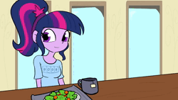 Size: 1920x1080 | Tagged: suggestive, artist:tjpones, derpibooru import, fifteen.ai, machine learning assisted, sci-twi, sunset shimmer, twilight sparkle, human, equestria girls, animated, breasts, busty sunset shimmer, busty twilight sparkle, duo, duo female, eyebrow wiggle, female, food, grin, image, implied cunnilingus, implied oral, implied sex, lesbian, missing accessory, mug, no glasses, salad, scitwishimmer, shipping, smiling, sunsetsparkle, tea, webm