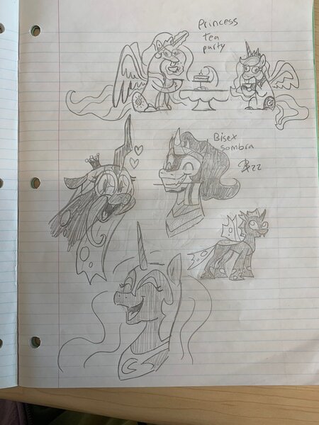 Size: 1536x2048 | Tagged: safe, artist:fennexenev, derpibooru import, king sombra, nightmare moon, princess celestia, princess luna, queen chrysalis, alicorn, changeling, changeling queen, pegasus, pony, unicorn, cup, female, image, jpeg, lined paper, majestic as fuck, male, mare, monochrome, mouth hold, pencil drawing, pride flag, royal sisters, siblings, silly, sisters, stallion, tea party, teacup, tongue out, traditional art