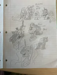 Size: 1536x2048 | Tagged: safe, artist:fennexenev, derpibooru import, king sombra, nightmare moon, princess celestia, princess luna, queen chrysalis, alicorn, changeling, changeling queen, pegasus, pony, unicorn, cup, female, image, jpeg, lined paper, majestic as fuck, male, mare, monochrome, mouth hold, pencil drawing, pride flag, royal sisters, siblings, silly, sisters, stallion, tea party, teacup, tongue out, traditional art