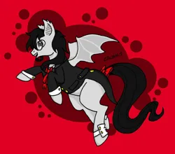 Size: 1280x1128 | Tagged: safe, artist:razzyx09, derpibooru import, oc, unofficial characters only, bat pony, pony, abstract background, bat pony oc, bat wings, bow, cuffs (clothes), image, jpeg, male, signature, smiling, solo, stallion, tail, tail bow, wings