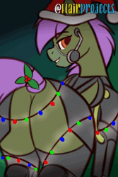 Size: 640x960 | Tagged: suggestive, artist:flair projects, artist:jcosneverexisted, derpibooru import, oc, oc:semantic texture, unofficial characters only, cyborg, pony, animated, ass, butt, christmas, female, gif, holiday, holly, holly mistaken for mistletoe, image, kiss my ass, looking back, mare, plot, solo, solo female