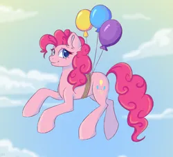 Size: 4500x4060 | Tagged: safe, artist:ske, derpibooru import, pinkie pie, earth pony, pony, balloon, cloud, floating, image, in the sky, looking at you, png, sky, smiling, solo, then watch her balloons lift her up to the sky