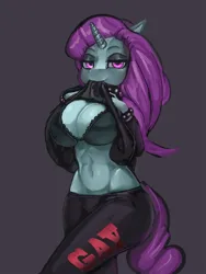 Size: 1080x1440 | Tagged: suggestive, artist:general-irrelevant, derpibooru import, oc, anthro, unicorn, abs, bedroom eyes, belly button, big breasts, bra, breasts, choker, cleavage, clothes, eyelashes, female, hips, horn, image, jpeg, long hair, looking at you, pants, shirt, shirt lift, solo, studded bracelet, studded choker, underwear, unicorn oc, yoga pants