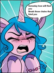 Size: 753x1024 | Tagged: safe, derpibooru import, edit, idw, izzy moonbow, pony, unicorn, spoiler:comic, spoiler:g5, spoiler:g5comic, spoiler:g5comic06, ><, blushing, bracelet, derpibooru exclusive, exploitable meme, eyes closed, female, friendship bracelet, g5, image, jewelry, journey (band), mare, meme, open mouth, png, screaming, screaming izzy, separate ways (words apart), song reference