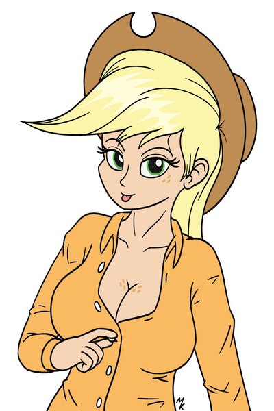 Size: 1000x1500 | Tagged: suggestive, artist:mkogwheel, derpibooru import, applejack, human, :p, bedroom eyes, big breasts, boob freckles, breasts, busty applejack, chest freckles, cleavage, female, freckles, humanized, image, jpeg, looking at you, simple background, solo, solo female, tongue out, unbuttoned, white background