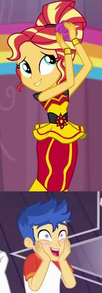 Size: 383x1098 | Tagged: safe, derpibooru import, edit, edited screencap, screencap, flash sentry, sunset shimmer, dance magic, equestria girls, equestria girls series, spring breakdown, spoiler:eqg series (season 2), spoiler:eqg specials, alternate hairstyle, blushing, clothes, cropped, dress, female, flashimmer, flower, image, male, png, shipping, shipping domino, starry eyes, straight, wingding eyes