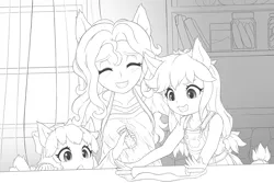 Size: 1800x1200 | Tagged: safe, artist:symbianl, derpibooru import, apple bloom, applejack, pear butter, anthro, dough, female, image, jpeg, monochrome, mother and child, mother and daughter, rolling pin, sketch, smiling