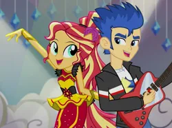 Size: 965x717 | Tagged: safe, derpibooru import, edit, edited screencap, screencap, vector edit, flash sentry, sunset shimmer, dance magic, equestria girls, spoiler:eqg specials, alternate hairstyle, clothes, dancing, dash for the crown, dress, equestria girls prototype, female, flashimmer, flower, game, gibson firebird, guitar, image, male, musical instrument, png, ponied up, shipping, straight, vector