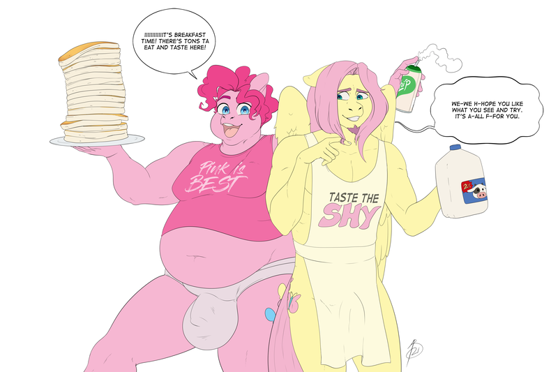Size: 4500x3000 | Tagged: suggestive, artist:amaraburrger, derpibooru import, fluttershy, pinkie pie, anthro, earth pony, pegasus, apron, apron boner, belly, belly button, bubble berry, buff, butterscotch, chubby, clothes, colored lineart, crotch bulge, duo, duo male, facial hair, fat, food, image, looking at you, male, milk, muscles, muscleshy, pancakes, png, rule 63, smiling, underwear, whipped cream