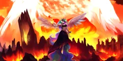 Size: 8192x4096 | Tagged: safe, derpibooru import, machine learning generated, stable diffusion, princess celestia, alicorn, anthro, breasts, clothes, dress, evil grin, female, fire, flying, grin, image, jewelry, png, regalia, smiling, solo, spread wings, wings