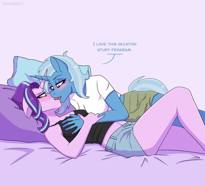 Size: 2048x1853 | Tagged: questionable, artist:shallowwin, derpibooru import, starlight glimmer, trixie, anthro, unicorn, blushing, breast grab, breasts, clothes, duo, female, grope, image, jpeg, kissing, lesbian, pillow, shipping, shirt, shorts, startrix, t-shirt, tanktop