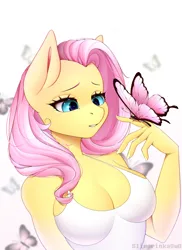 Size: 1600x2200 | Tagged: safe, artist:slimorinkaowo, derpibooru import, fluttershy, anthro, butterfly, insect, pegasus, adorasexy, beautiful, breasts, busty fluttershy, cleavage, cute, female, image, nails, png, sexy, shyabetes, simple background, solo, white background, wingless, wingless anthro