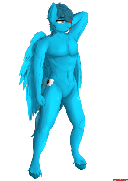 Size: 2480x3508 | Tagged: safe, artist:drawalaverr, derpibooru import, oc, oc:speedflyer, unofficial characters only, anthro, pegasus, pony, anthro oc, arm behind head, barbie doll anatomy, commission, featureless crotch, glasses, image, male, muscles, muscular male, pegasus oc, piercing, png, serious, serious face, solo, underhoof, vector, wings
