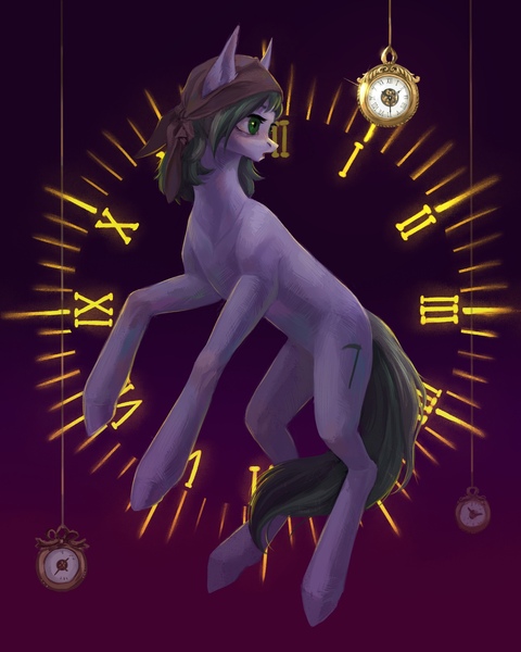 Size: 1728x2160 | Tagged: safe, artist:inarimayer, derpibooru import, oc, oc:dusty soil, unofficial characters only, earth pony, pony, art trade, clock, clock face, clothes, earth pony oc, gold, headscarf, image, jpeg, oda 997, pocket watch, purple background, scarf, simple background, solo, watch