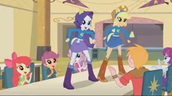 Size: 750x421 | Tagged: safe, derpibooru import, screencap, apple bloom, applejack, big macintosh, mystery mint, rarity, scootaloo, sweetie belle, equestria girls, equestria girls (movie), boots, cafeteria, canterlot high, clothes, cowboy hat, female, hat, helping twilight win the crown, image, jpeg, male, school spirit, shirt, shoes, skirt, sweater, table, uniform, wonderbolts uniform