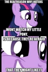 Size: 481x720 | Tagged: safe, derpibooru import, twilight sparkle, pony, unicorn, black background, caption, female, haters, image, image macro, impact font, jpeg, simple background, smiling, solo, text, truth, unicorn twilight