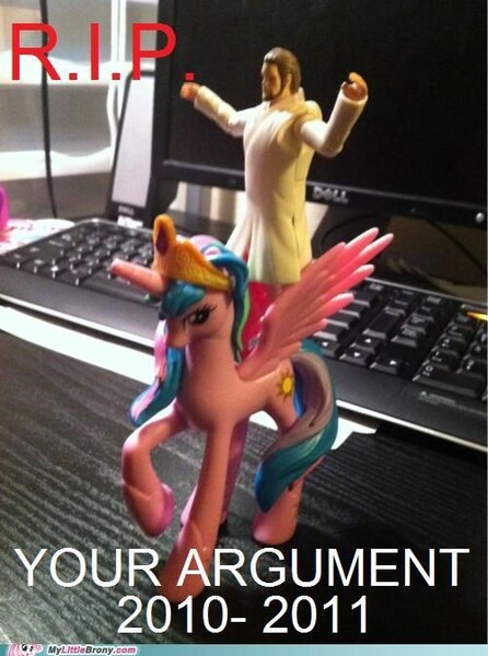 Size: 500x673 | Tagged: safe, derpibooru import, princess celestia, alicorn, pony, computer, desk, female, image, irl, jesus christ, jpeg, keyboard, male, meme, merchandise, my little brony, photo, riding, riding a pony, text, toy, watermark, your argument is invalid