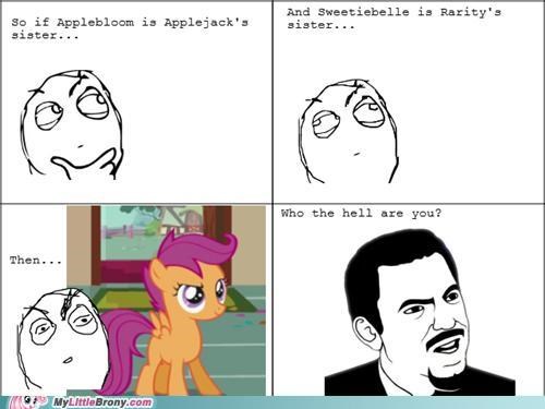 Size: 500x375 | Tagged: safe, derpibooru import, edit, edited screencap, screencap, scootaloo, pegasus, pony, female, filly, foal, image, implied apple bloom, implied applejack, implied rarity, implied sweetie belle, jpeg, meme, my little brony, rage comic, watermark