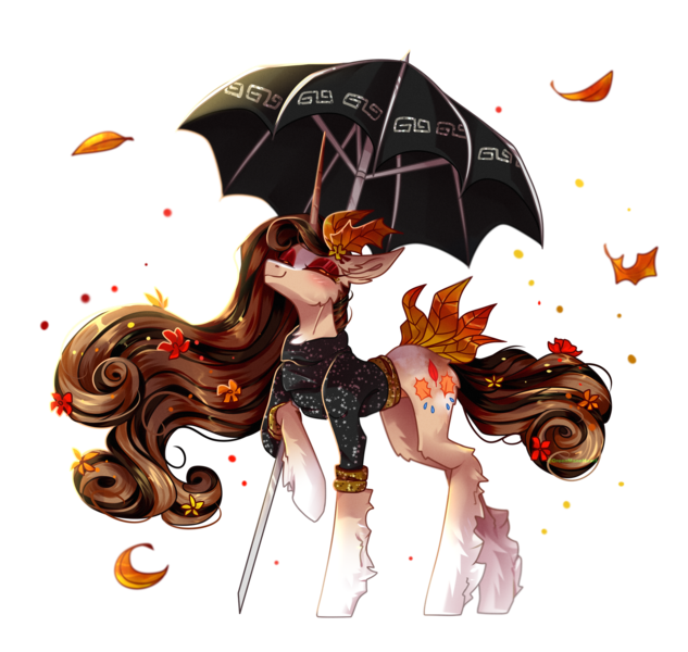 Size: 1920x1821 | Tagged: safe, artist:greenmaneheart, derpibooru import, oc, oc:autumnia, pony, unicorn, clothes, female, image, leaf, mare, png, simple background, solo, sweater, transparent background, umbrella