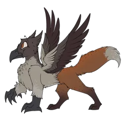 Size: 2100x2100 | Tagged: safe, artist:molars, derpibooru import, oc, oc:keepers, unofficial characters only, bird, fox, gryphon, magpie, character design, claws, corvid, fox tail, image, orange eyes, orange fur, png, reference sheet, simple background, solo, spread wings, tail, talons, transparent background, wings