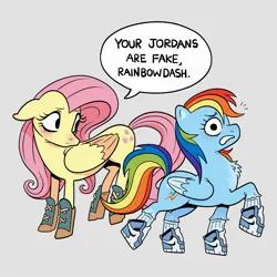 Size: 2000x2000 | Tagged: safe, artist:quaziesart, derpibooru import, fluttershy, rainbow dash, pegasus, pony, air jordans, blushing, boots, chest fluff, clothes, colored wings, colored wingtips, dialogue, duo, emanata, female, floppy ears, frown, gray background, gritted teeth, image, jpeg, mare, monologue, nike, shoes, simple background, sneakers, socks, speech bubble, talking, teeth, wide eyes, wings