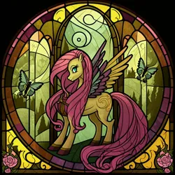 Size: 1024x1024 | Tagged: safe, derpibooru import, machine learning generated, midjourney, fluttershy, butterfly, insect, pegasus, pony, ai art, background, blue eyes, female, feral, forest, hooves, image, mane, png, solo, stained glass, tail, tree, v4